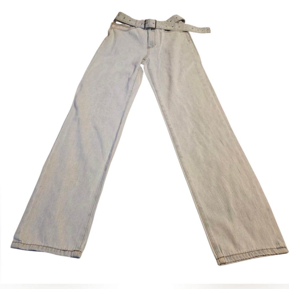 WeWoreWhat High-Rise Straight Cut-Out Belted Lightwash Denim Jeans NWT Size 26